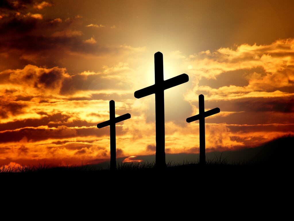 crosses, sunset, nature, silhouettes, dusk, dawn, twilight, clouds, sky, sunrise, hill, crucifixion, resurrection, christianity, christ, faith, god, jesus, easter, religion