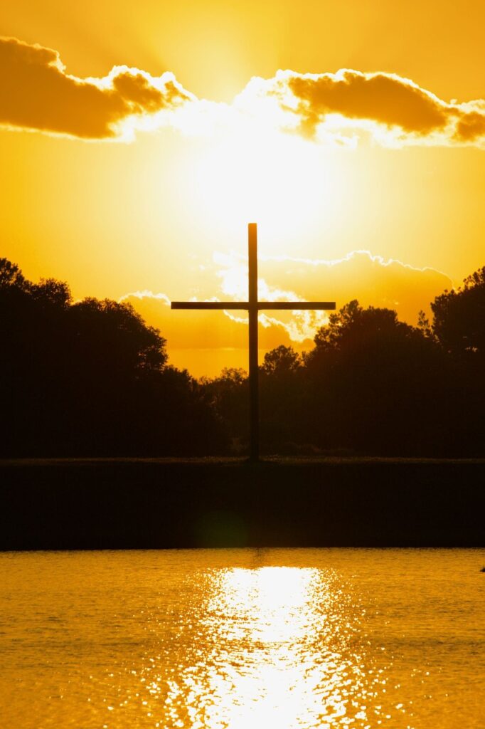 sunset, cross, lake, nature, religious, reflection, symbol